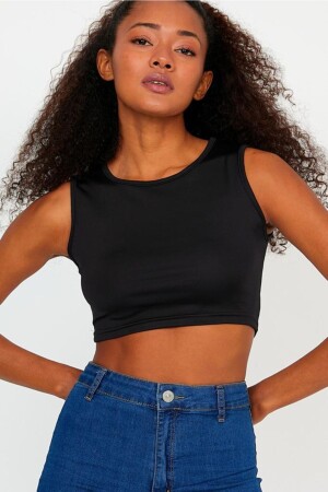 Kadın Siyah Sıfır Yaka Scuba Dalgıç Kumaş Spor Crop Top - The Base
