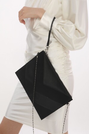 Kadın Siyah Süet Fermuarlı Uzun Askılı Portföy Clutch Çanta FRP0239 - womenacs