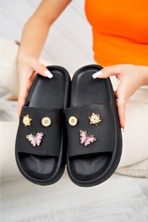 Kadın Siyah Taşlı Günlük Plaj Deniz Havuz Terliği Jel PLN02 - PLN SHOES