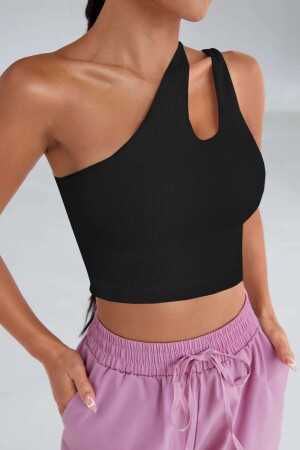 Kadın Siyah Tek Omuz Cut Out Detaylı Crop Top Bluz - Imoda
