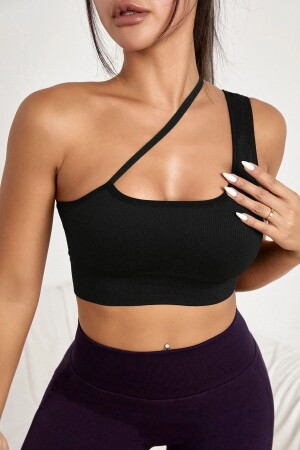 Kadın Siyah Tek Omuzlu Çapraz Askılı Crop Top Büstiyer - Imoda