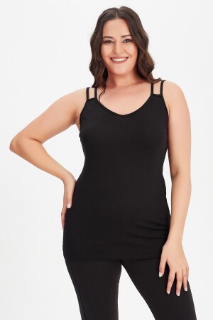 Kadın Siyah V Yaka Çift Biye Askılı Atlet Bluz - Moda Cazibe