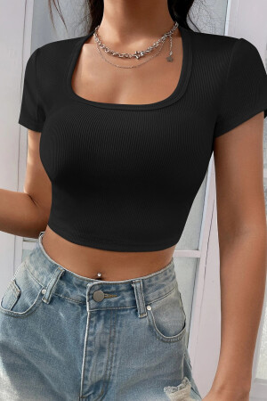 Kadın Siyah Yarım Kol Düz Yaka Crop Top Bluz - Imoda