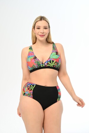 Kadın Siyah Yeşil Karışık Desen Büyük Beden Yüksek Bel Kelebek Bikini Takımı - Aquaviva