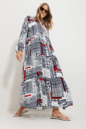 Kadın Tarçın Hakim Yaka Şal Desenli Maxi Boy Elbise Alc-X11593 - Trend Alaçatı Stili