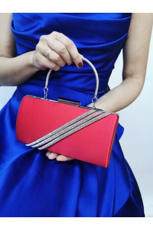 Kadın Taşlı Saten Kırmızı Abiye Clutch Portföy Zincir Askılı El Düğün Gece Omuz Çantası - Nazart