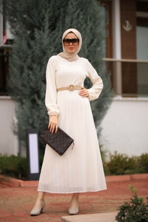Kadın Tesettür Beyaz Danteli Astarlı Hasır Kemerli Elbise - Cng Moda