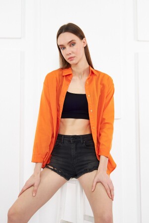 Kadın Turuncu Oversize Uzun Basic Gömlek - Brako Tekstil