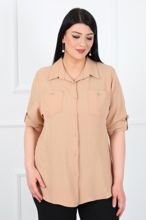 Kadın Vizon Ayrobin Kumaş Büyük Beden Gömlek - By Alba Collection