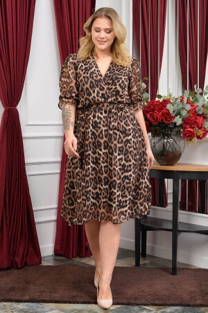Kadın Yeni Sezon Leopar Desenli Büyük Beden Şifon Elbise Ry80622 - Neşeli Butik