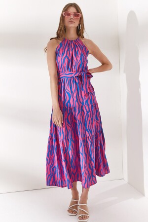 Kadın Zebra Fuşya Halter Yaka Kuşaklı Dokuma Viscon Elbise ELB-19001548 - Olalook