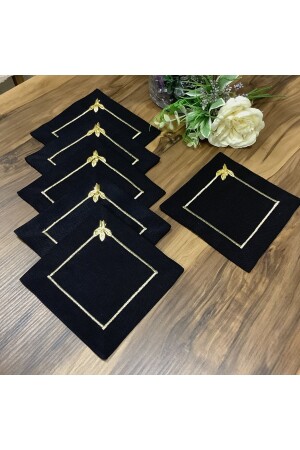 Kahve Altı Sunu Peçetesi - Siyah Zemin & Gold Piko & Gold Yaprak -6 Lı KS-7010 - OYA home