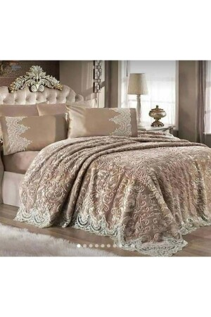 Kahverengi Çift Kişilik, 6 Parça Fransız Güpürlü Kalın Battaniye Seti, Gelin Çeyiz Seti, Özel Kutuda - Sevda Home Collection