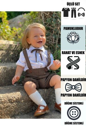 Kahverengi Salopet Kısa Gömlek Ve Papyon Çizgili Erkek Ve Kız Bayramlık Hediye Bebek Ve Çocuk Giyim - Ares Kids Fashion