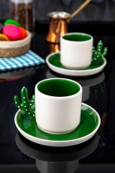 Kaktüs El Yapımı 180 ml Mocha, Americano, Filtre Kahve Fincan Seti 2 Li Yeşil TSK-003-C - Doreline