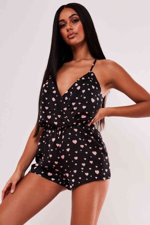 Kalp Baskılı Tulum Pijama Siyah - Merry See