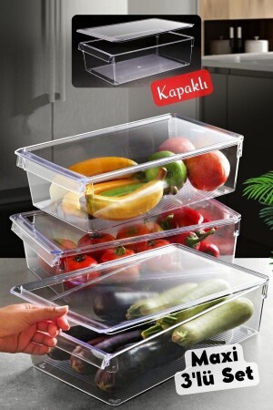 Kapaklı Maxi Tall Clear Buzdolabı & Dolap Içi Düzenleyici Organizer 3 Adet NDY-EP-617 - Nandy Home