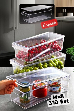 Kapaklı Midi Tall Clear Buzdolabı & Dolap Içi Düzenleyici Organizer 3 Adet NDY-EP-616 - Nandy Home
