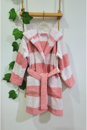 Kapşonlu Pamuklu Yumuşacık Unisex Kız- Erkek Çocuk Bornozu Çizgili-pembe ATS20705ÇB - Alpar Tekstil