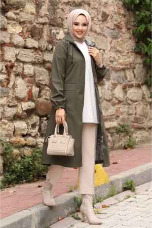 Kapüşonlu Cepli İçi Çizgi Desenli Trençkot - Alniss Collection