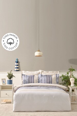 Karaca Home Nolan Blue Double 100% Cotton Satin Duvet Cover Set 200. 21. 01. 0607 - Karaca Home