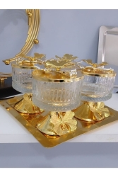 Kare Tepsili Ayakli Cam 4 Lü Sekerlik Cerezlik Kapakli Gold Tepsili MNL911600 - Elzem
