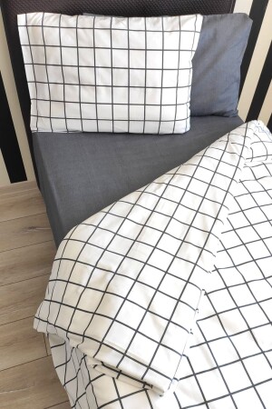 Kareli Beyaz Genç 4 Parça Lastikli Çarşaflı Tek Kişilik (100X200 CM) Nevresim Takımı - Candan Çeyiz