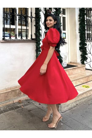 Karpuz Kollu Kırmızı Krep Midi Boy Kloş Elbise - Küçüğüm Butik