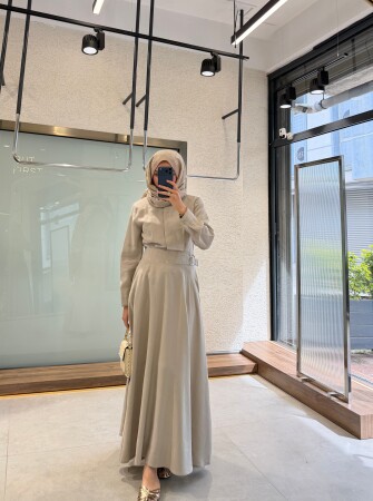 Karya Belt Detail Dress - Beige - Duendeca