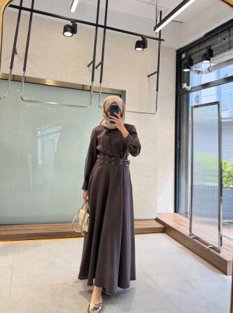 Karya Belt Detail Dress - Brown - Duendeca