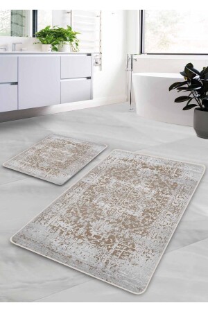 Kaymaz Taban Yıkanabilir 2’li Banyo Paspası - Bej Farmhouse Desenli 60*100 Cm - 50*60 Cm - Pilloveland