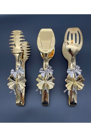 Kelebek Aksesuarlı Gold Metal Salata- Makarna- Pasta Servis - Sunum - Yemek - Maşası 3'lü Set - Fiyakalı Ürünler