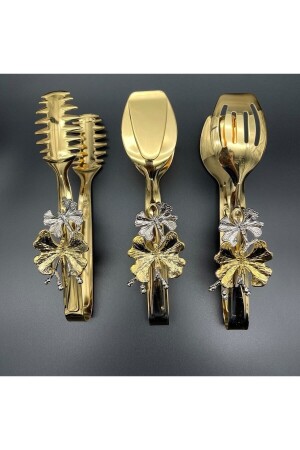 Kelebekli Gold Stylish Service Presentation Set Titanium Coated 3-Piece Tongs Set Stainless Steel - Aslı Hediyelik