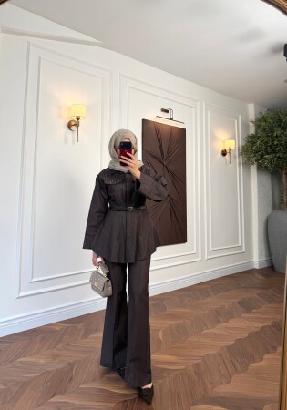 Kemer Detaylı Taşlı Takım - Kahve - Nuuwears