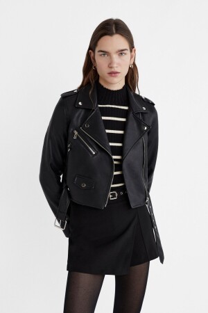 Kemerli Suni Deri Biker Ceket - Stradivarius