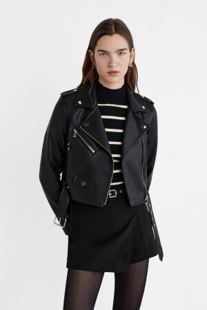 Kemerli Suni Deri Biker Ceket XL - Stradivarius