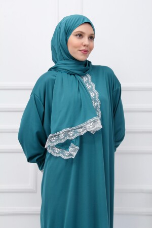 Kendinden Başörtülü Dantelli Kadın Namaz Elbisesi - Kutay Collection
