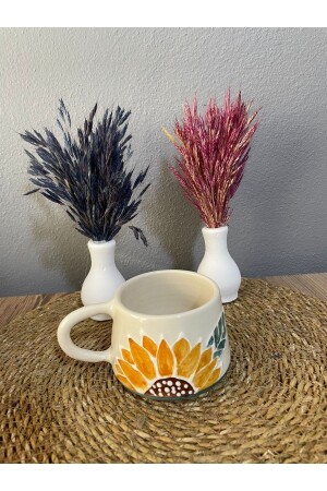 Keramik-Tasse, handgefertigt, große Größe, Tasse, Kaffeetasse, Sonnenblumenkerne, Sonnenblumenkerne - İlbay Çini Takı