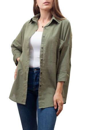 Khaki Green Flared 100% Cotton Linen Shirt - Santamina