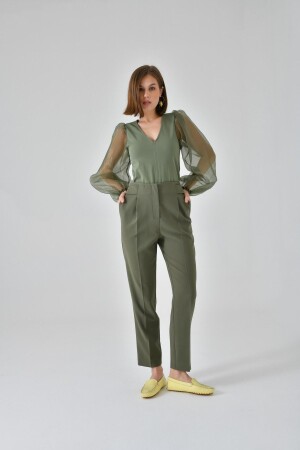Khaki Pleated Carrot Cut Belt Detailed Trousers - Saade