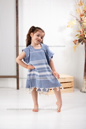 Kinder-Bademantel, Poncho, 100 % Baumwolle, Strandtuch, Peshtemal, Marineblau - Formeya