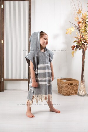 Kinder-Poncho, Strandtuch aus 100 % Baumwolle, Peshtemal-Grau - Formeya