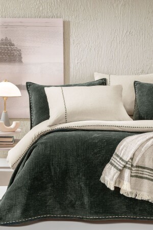 King King Size Linen Duvet Cover Set with Khaki Stripes - Cream - Yataş
