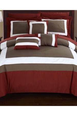 King Size Burgundy Brown White Cotton Satin Duvet Cover Set bbnbbk13 - METİNEV