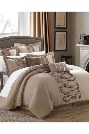 King Size Cappuccino Beige and White Ruffle Duvet Cover Set ffbbkq0097564 - METİNEV