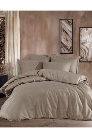 King Size, Çizgili Pamuk Saten, Nevresim Takımı, Kapiçino Sf9344 - Sefaoğlu tekstil