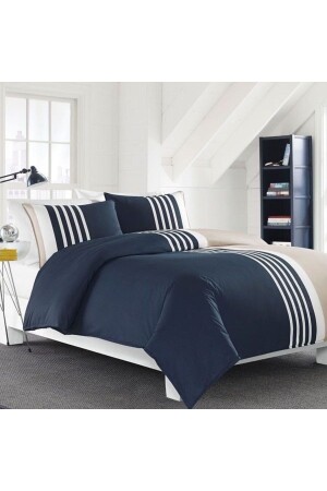 King Size Dark Blue White Cotton Satin Duvet Cover Set BZLCV12- - METİNEV