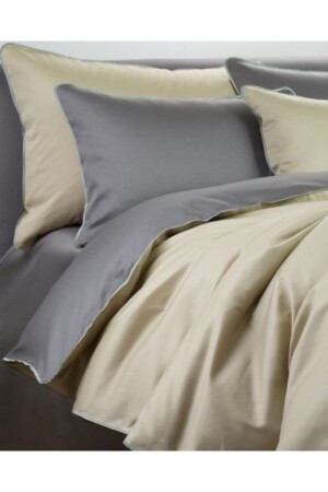 King Size Gray And Beige White Bieli Cotton Satin Duvet Cover Set GRAYBEJBEYZ - METİNEV