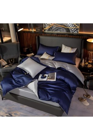 King Size Gray Navy Blue Cotton Satin Duvet Cover Set hksd457 - METİNEV