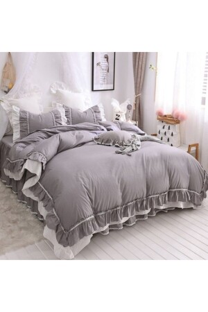 King Size Gray White Ruffle Duvet Cover Set Bty1234bt - METİNEV